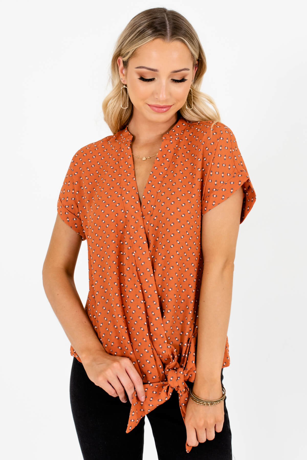 Burnt Orange Turquoise Patterned Wrap Blouses with Self Tie Detail