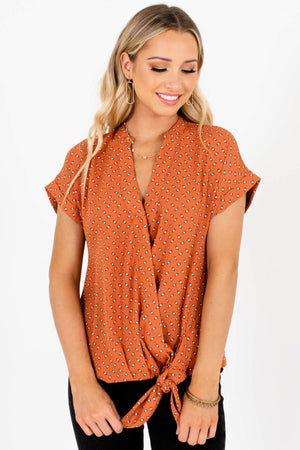Burnt Orange Turquoise Geometric Pattern Wrap Blouses with Front Knot