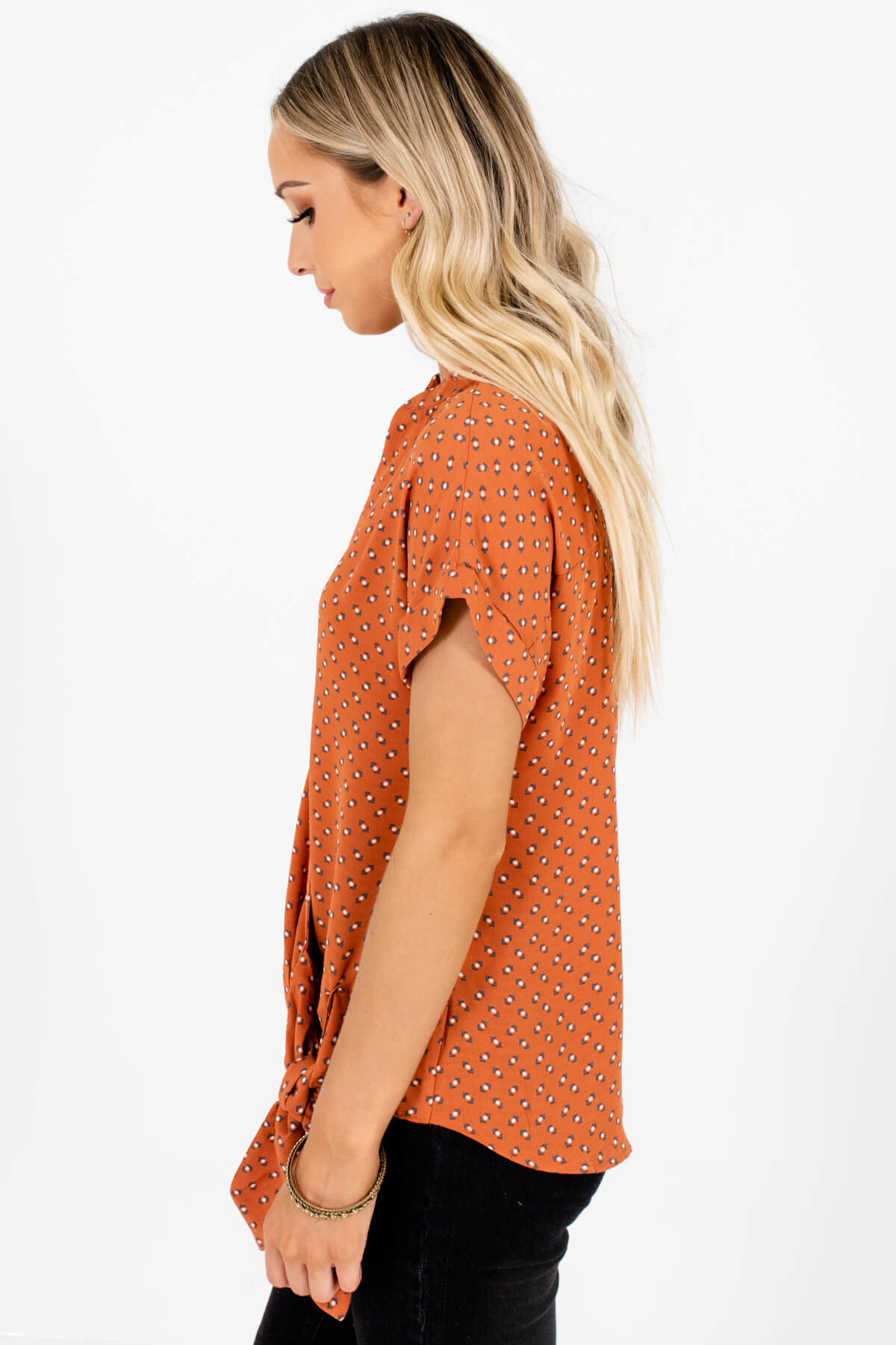 Burnt Orange Patterned Snap Button Wrap Blouses with Self Tie Detail