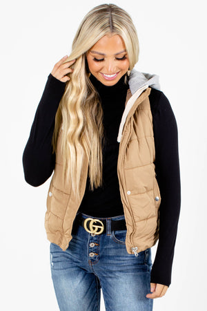 Camel Brown Zip-Up Front Boutique Vests for Women