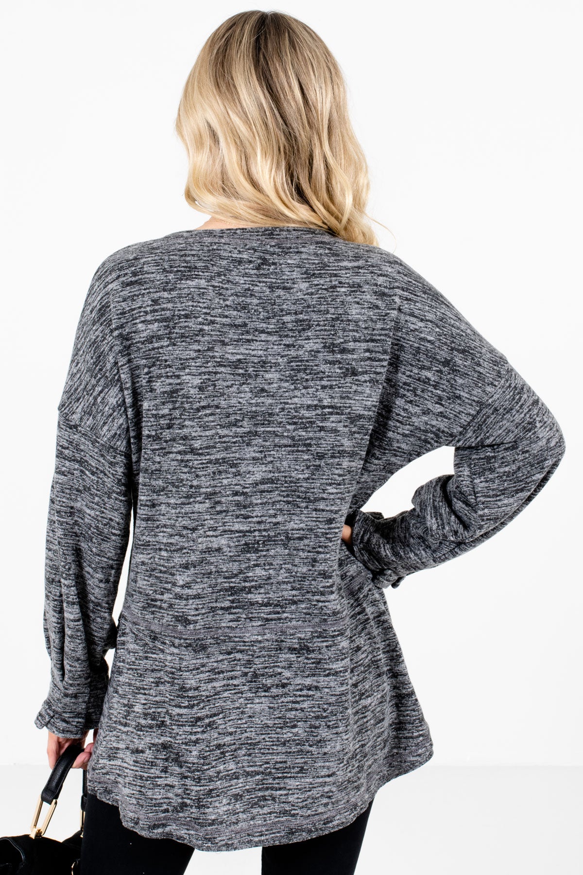 Women's Charcoal Gray Pleated Sleeve Cuff Boutique Tops