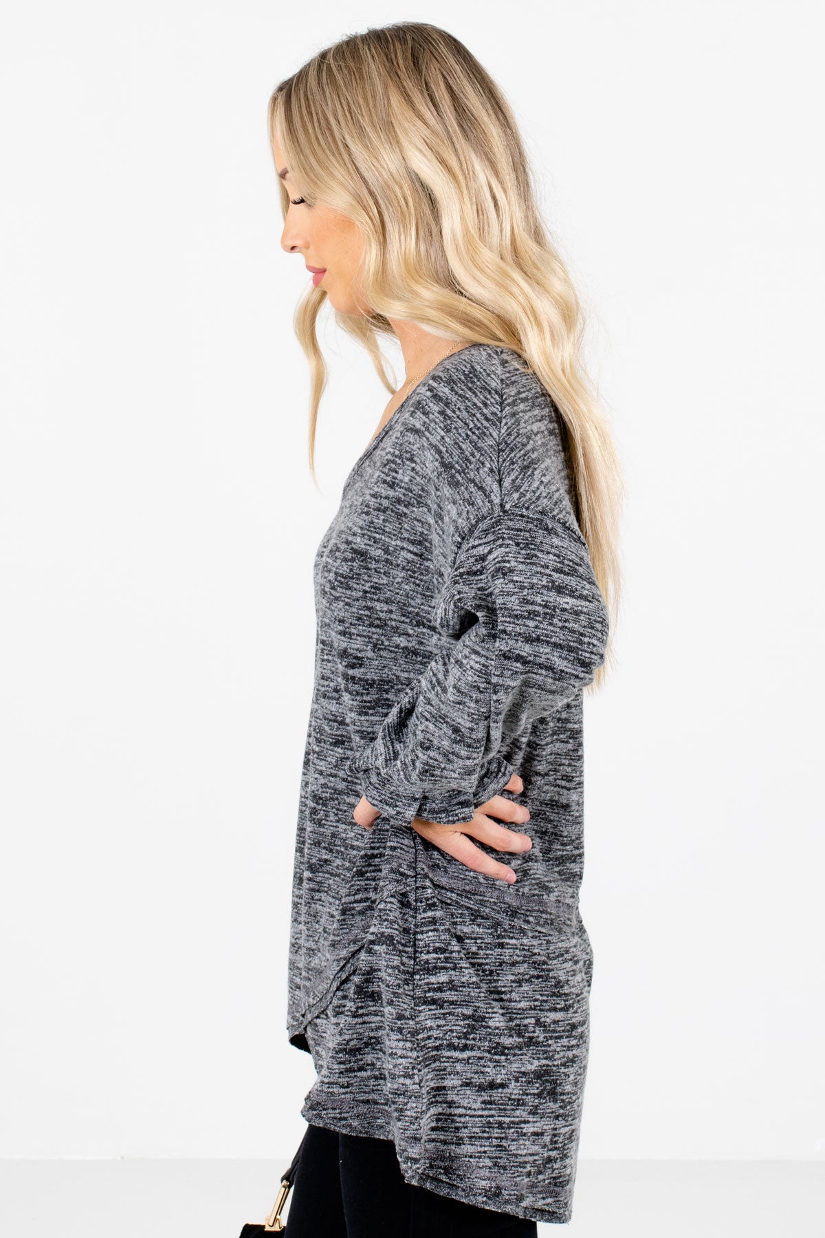 Charcoal Gray Overlay High-Low Hem Boutique Tops for Women