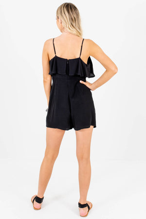 Black Ruffle Zipper Tie-Front Boutique Rompers with Pockets