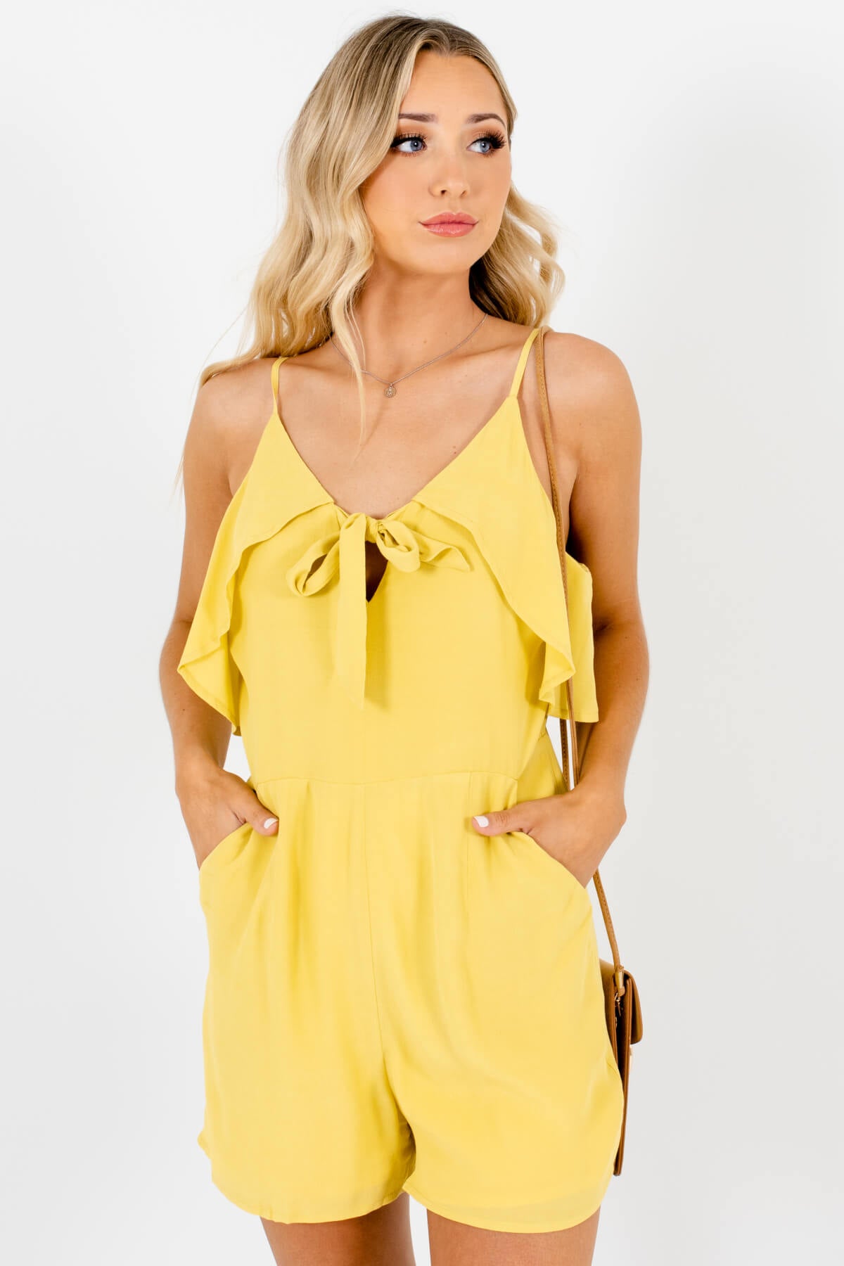 Chartreuse Yellow Green Tie-Front Ruffle Rompers with Pockets