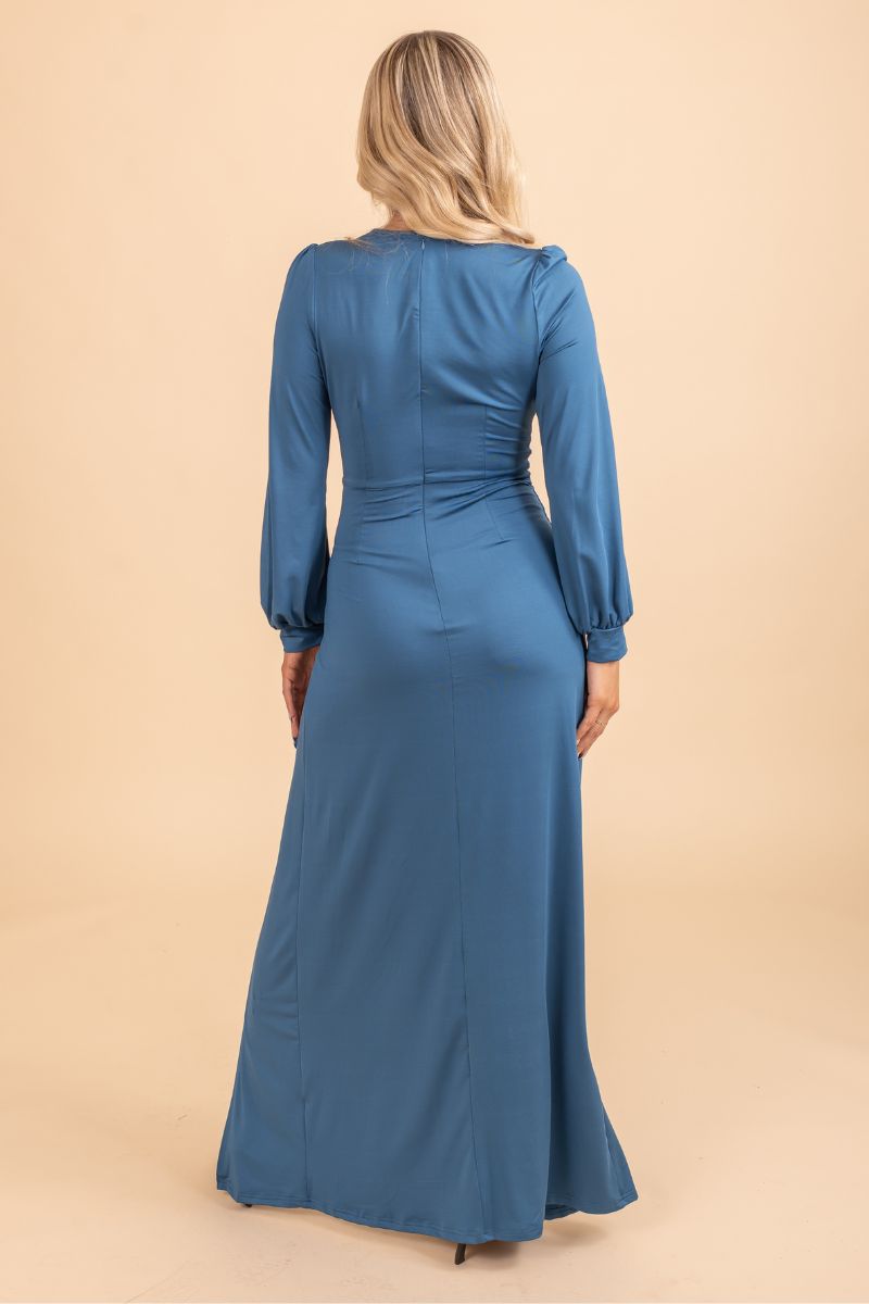 long sleeve blue zip up maxi dress