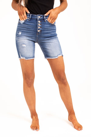 Medium Wash Denim Shorts with Distressed Detailing