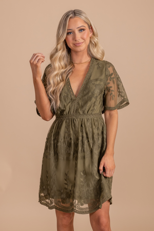 Olive Green Semi Sheer Lace Mini Dresses for Women