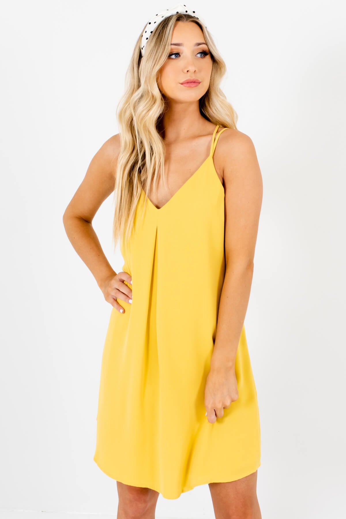Yellow Pleated Accented Boutique Mini Dresses for Women