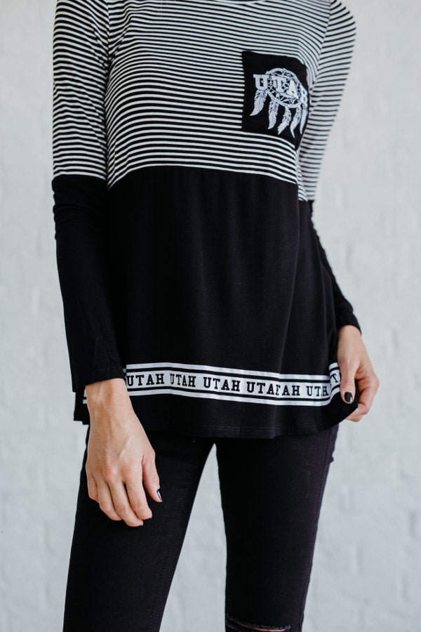 Black and White Striped Women's Long Sleeve Color Block Tops