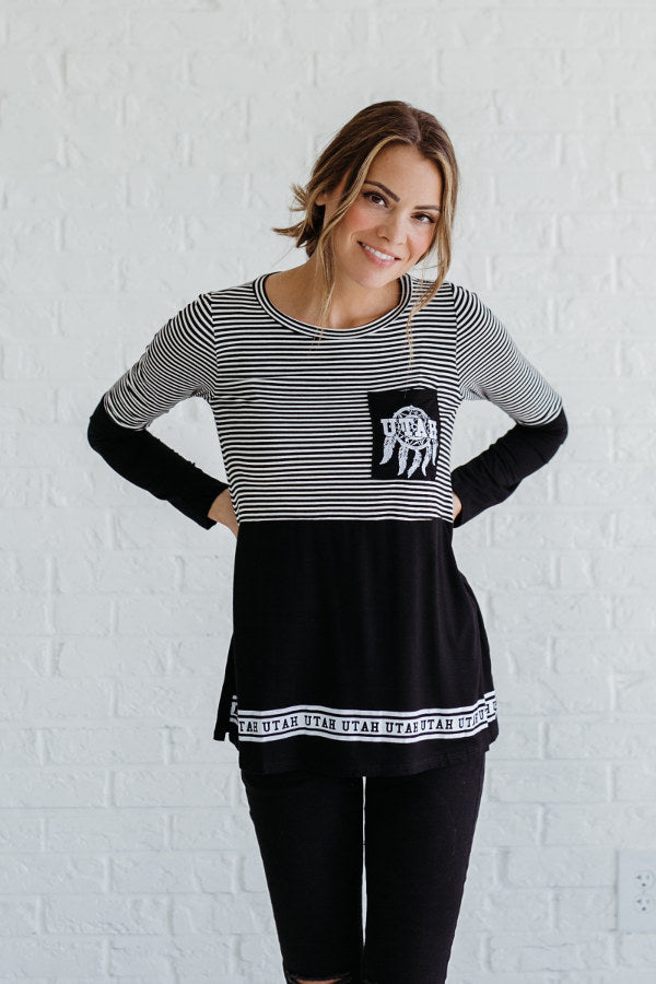 Black and White Striped Utah Color Block Tops for Women