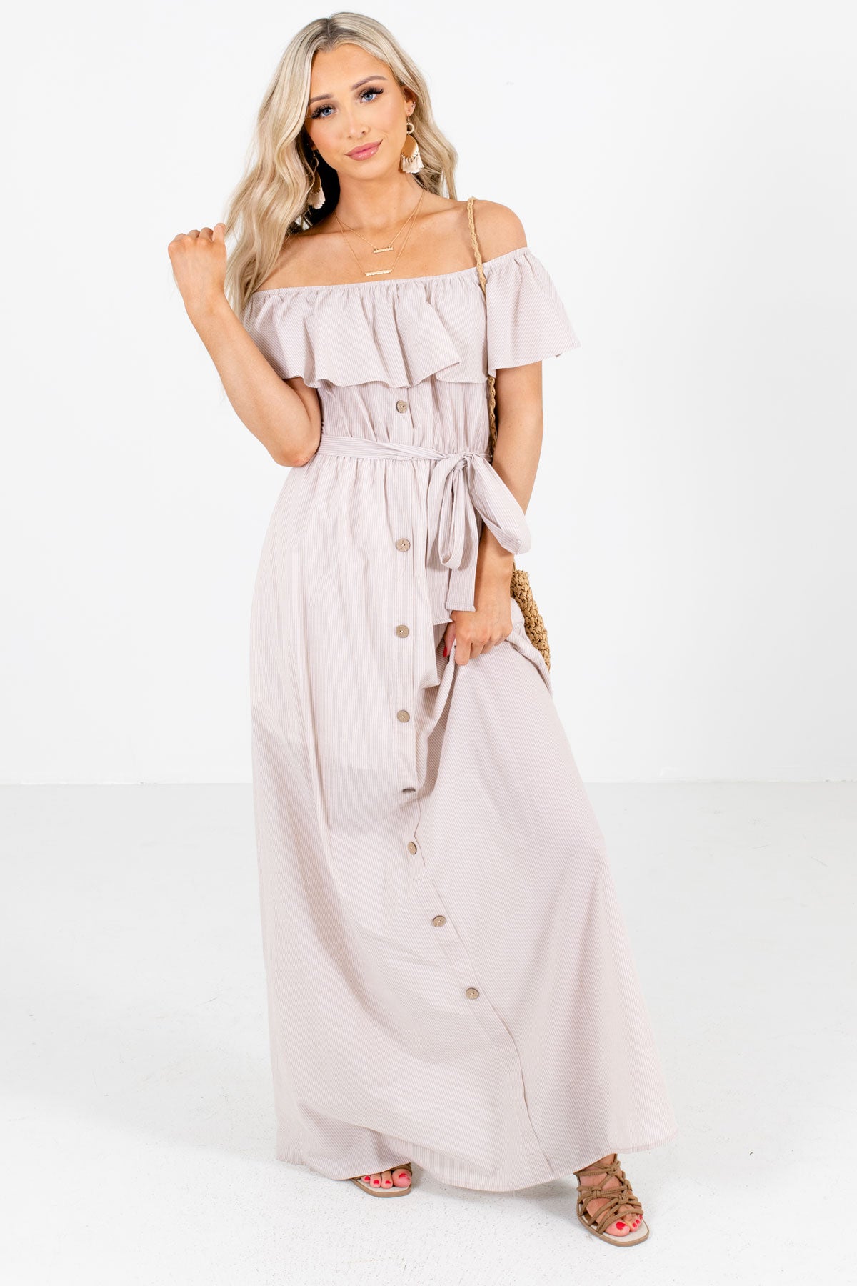 Taupe and White Striped Boutique Maxi Dresses for Women
