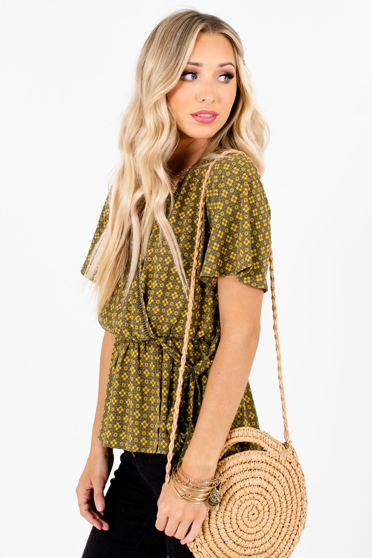 Olive Green Ladder Lace Accented Boutique Blouses for Women