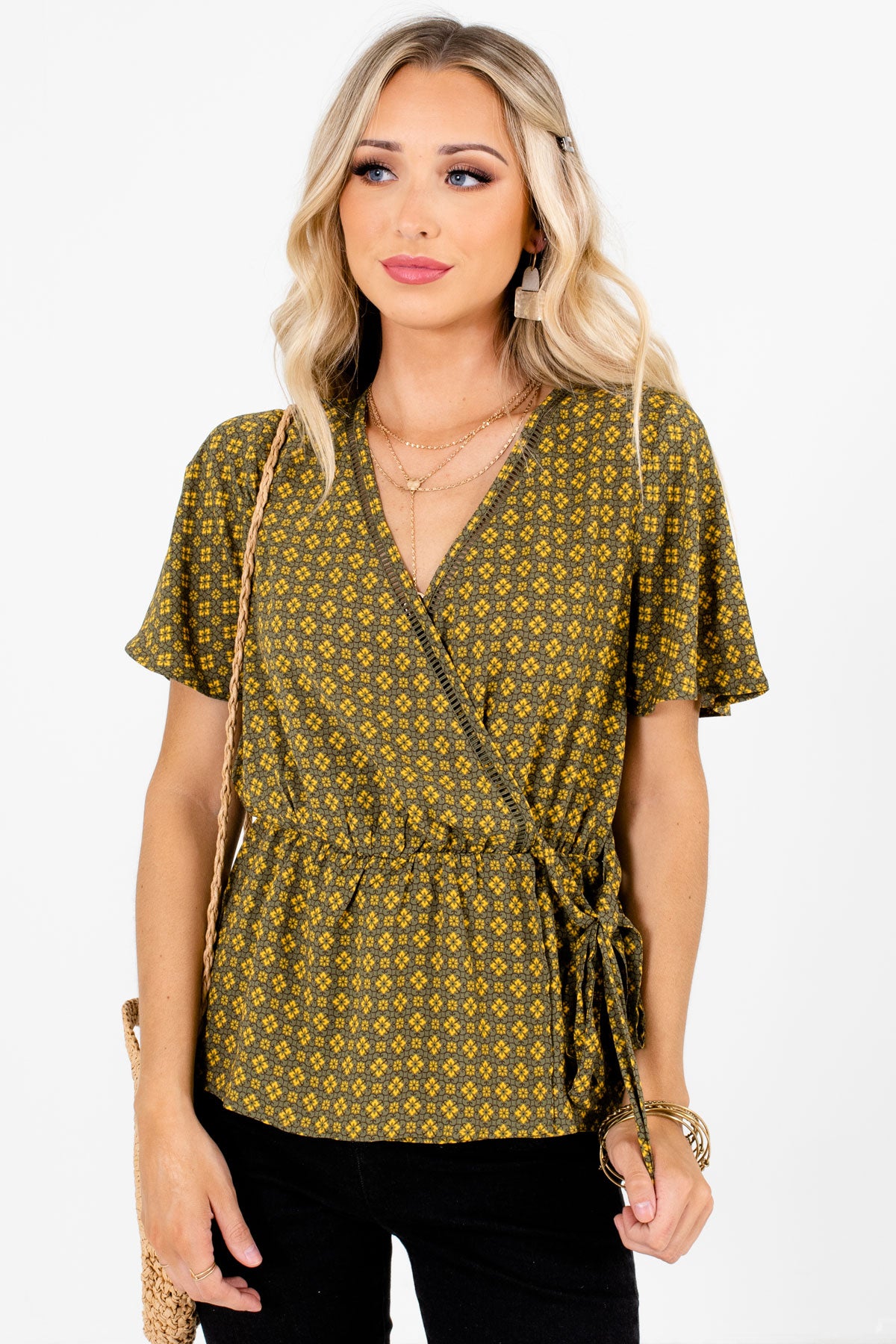 Olive Green Multicolored Patterned Boutique Blouses for Women