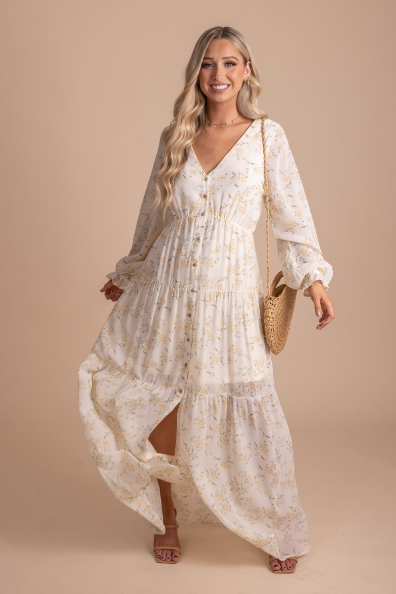 long sleeve floral print button down maxi dress in off white