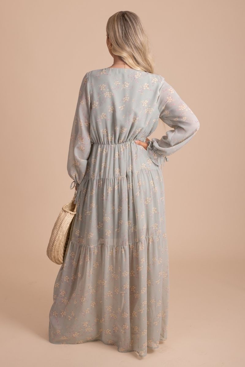 long sleeve floral print button down maxi dress in sage green