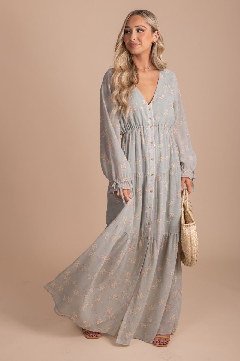 long sleeve floral print button down maxi dress in sage green
