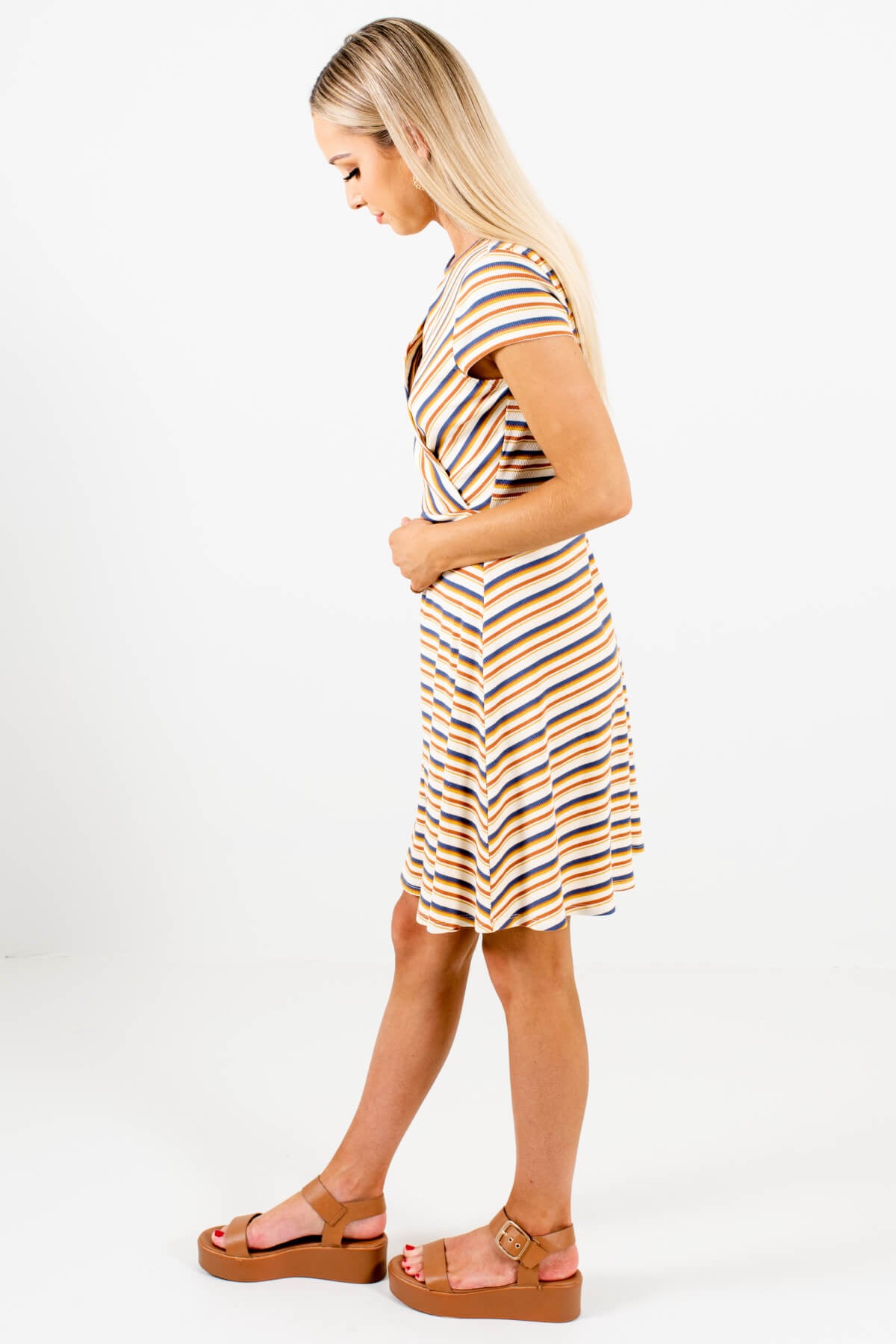 Women's Cream Striped Ribbed Material Boutique Mini Dress