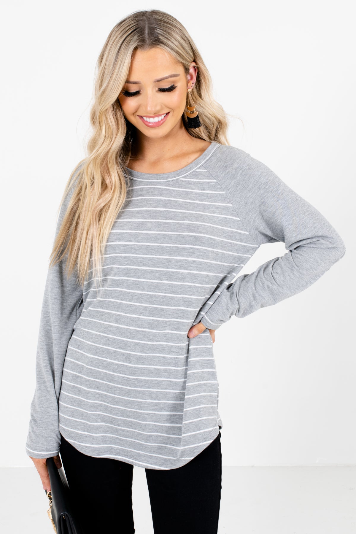 Gray and White Striped Boutique Tops for Women