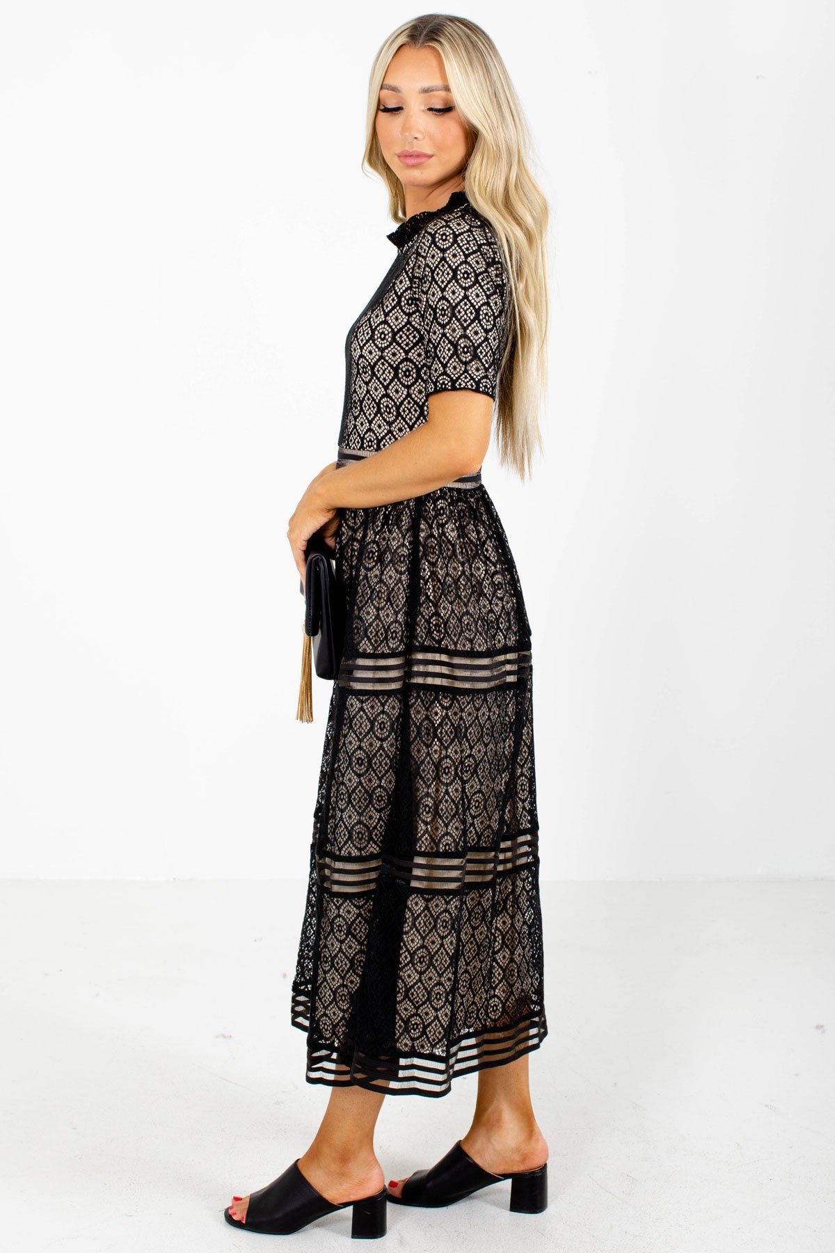 Black Midi Dress with Line Accents in Skirt.