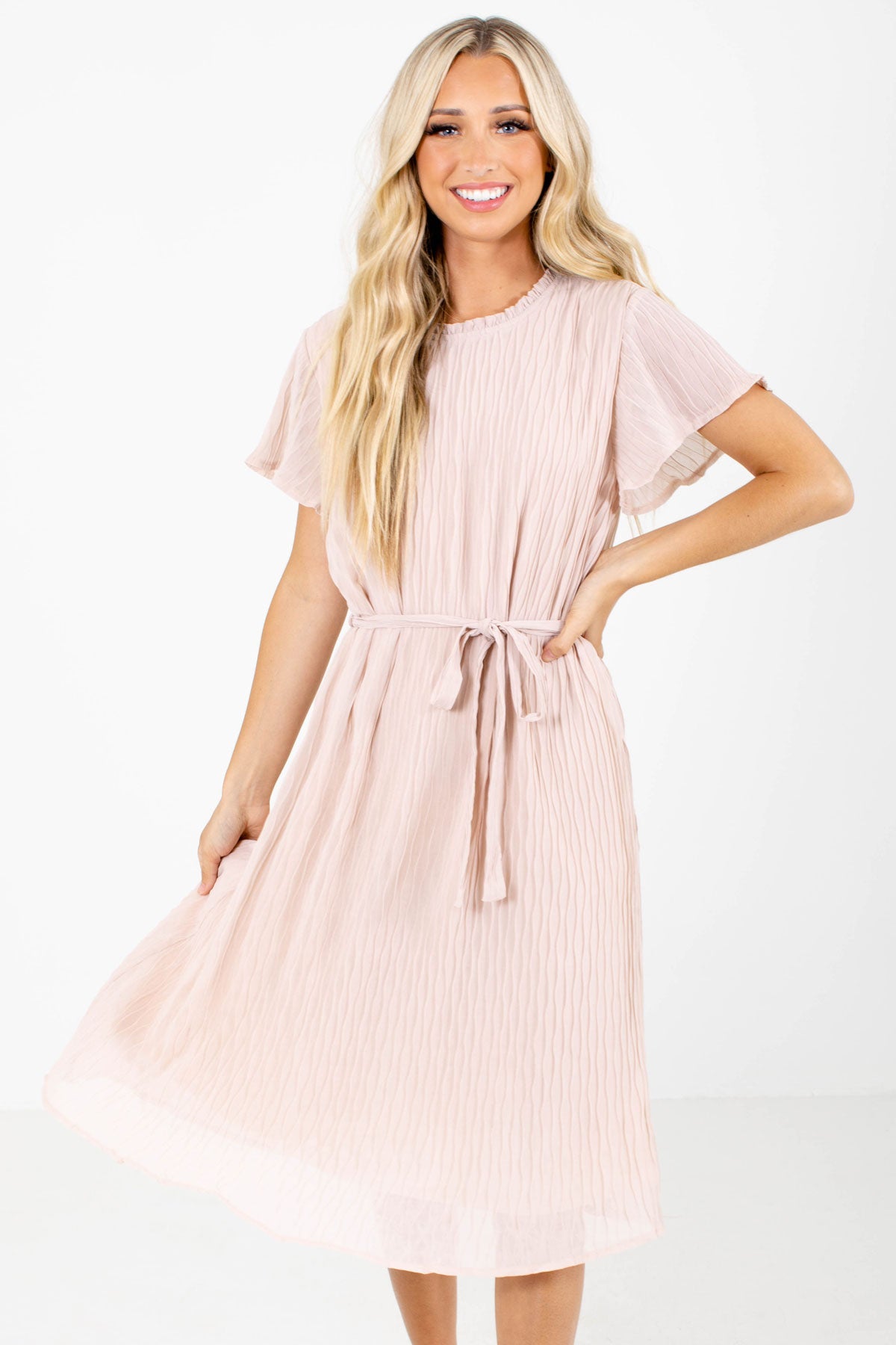 Pink High-Quality Textured Material Boutique Knee-Length Dresses for Women