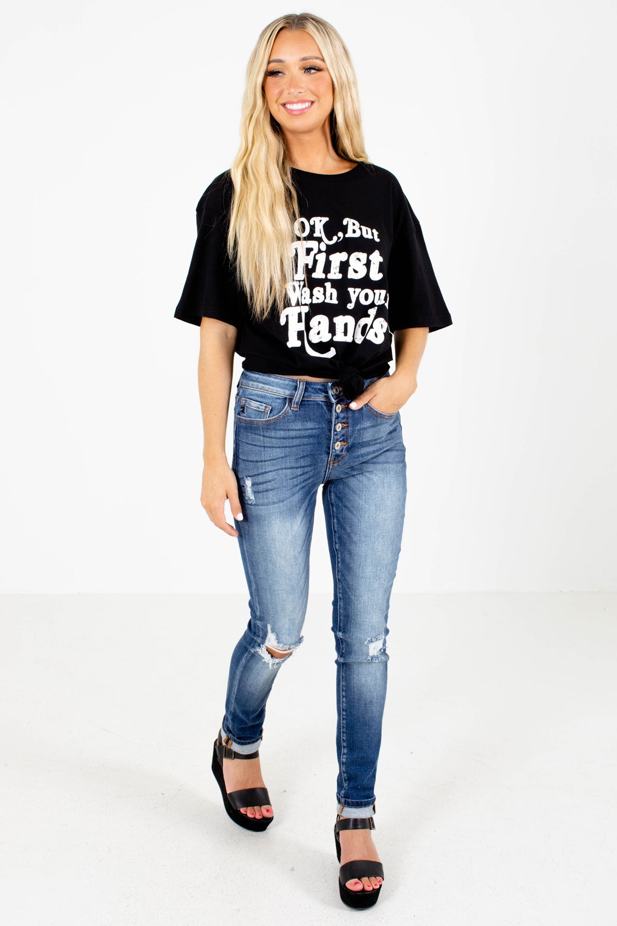 Women's Black Casual Everyday Boutique Graphic Tee