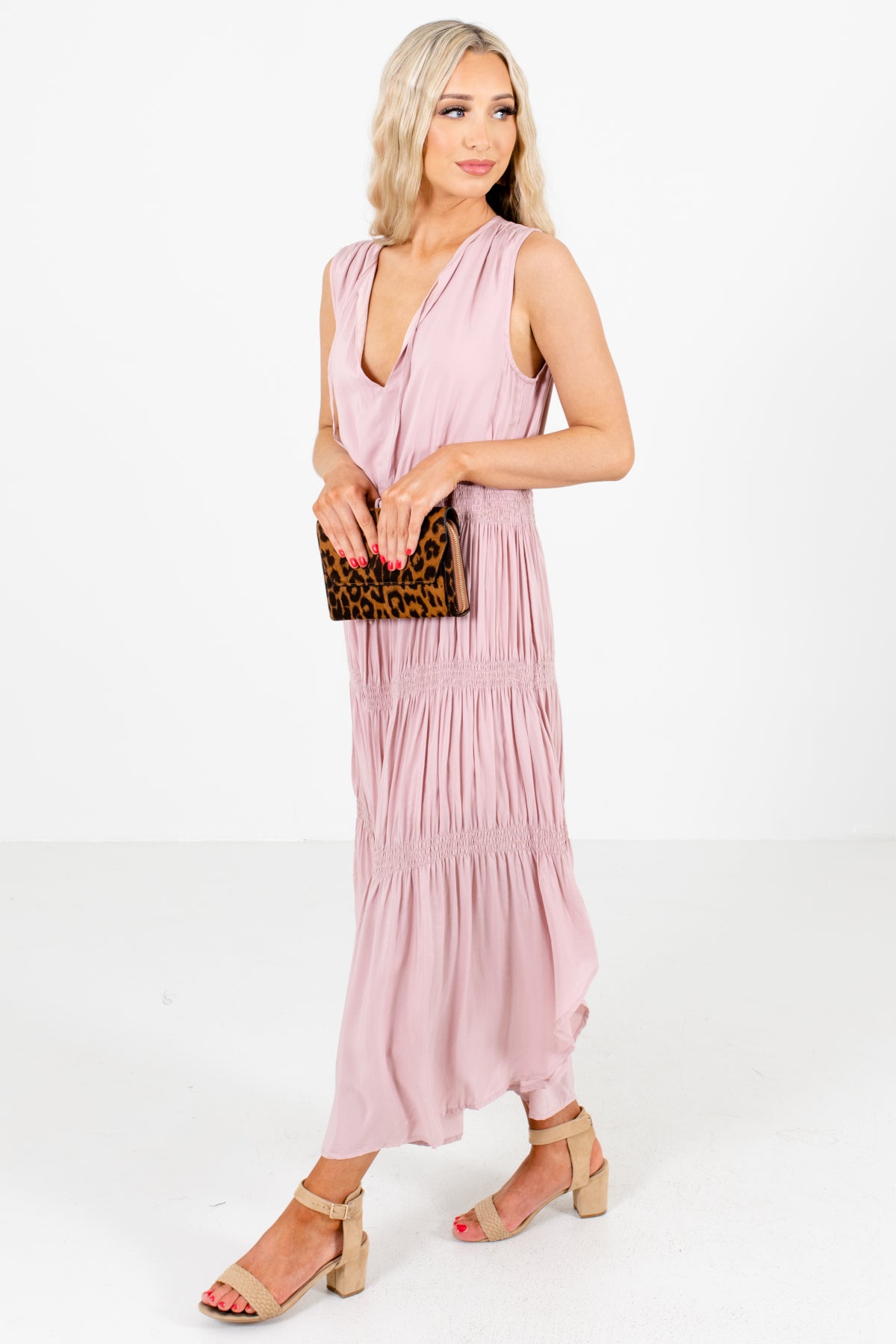 Pink Smocked Waistband Boutique Maxi Dresses for Women