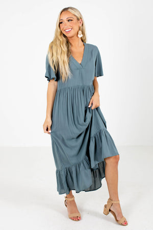 Teal Blue Split V-Neckline Boutique Maxi Dresses for Women
