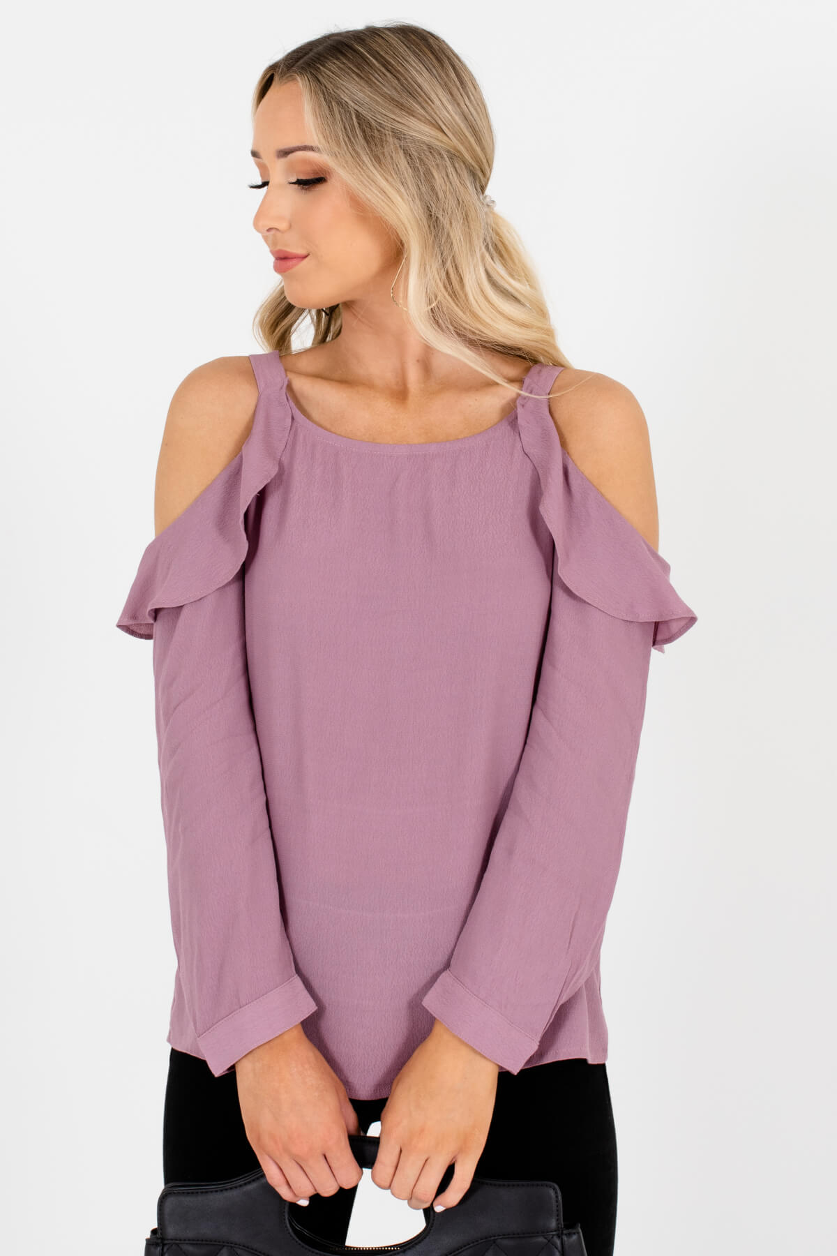 Purple cold shoulder top deals