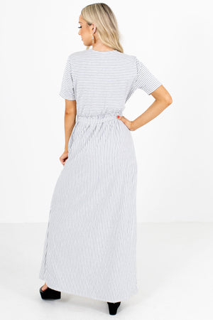 Women's Gray and White Striped Boutique Maxi Dress