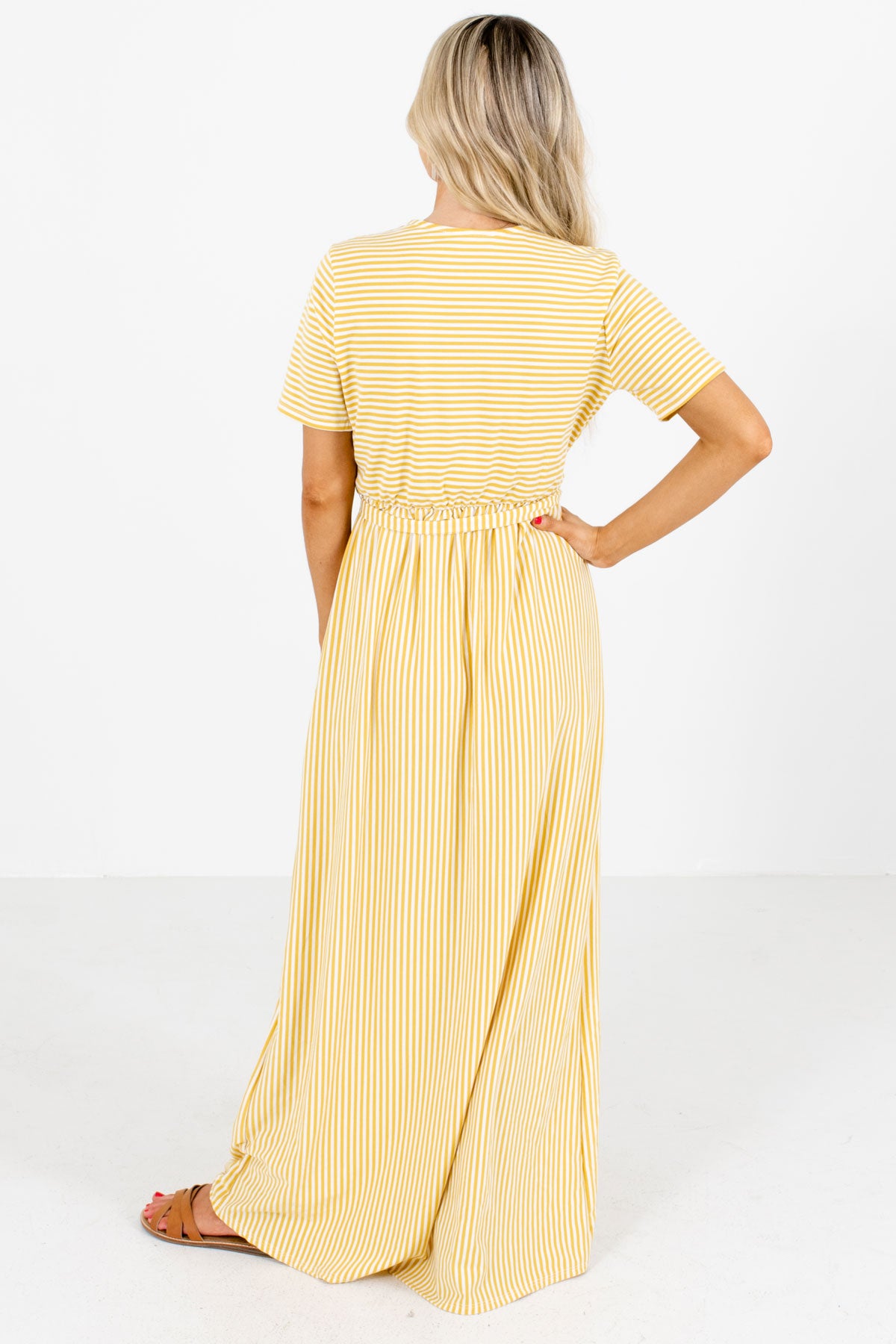 Women's Yellow Faux Wrap Style Boutique Maxi Dress