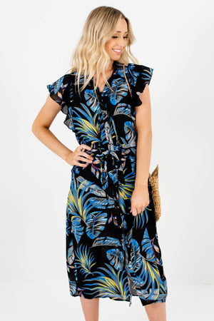 Black and Blue Multicolored Patterned Boutique Midi Dresses for Women