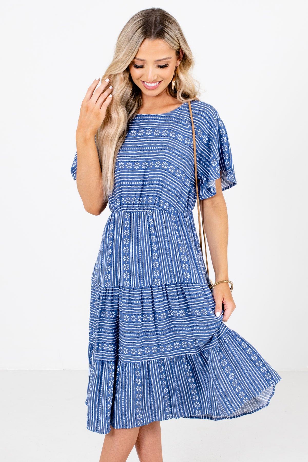 Women's Blue Tiered Ruffle Style Boutique Knee-Length Dress