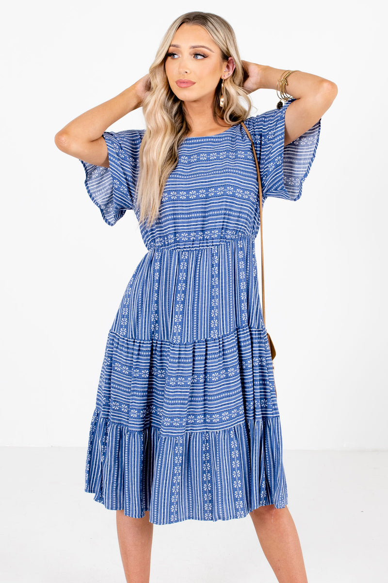 When in Greece Blue Patterned Knee-Length Dress | Boutique - Bella Ella ...