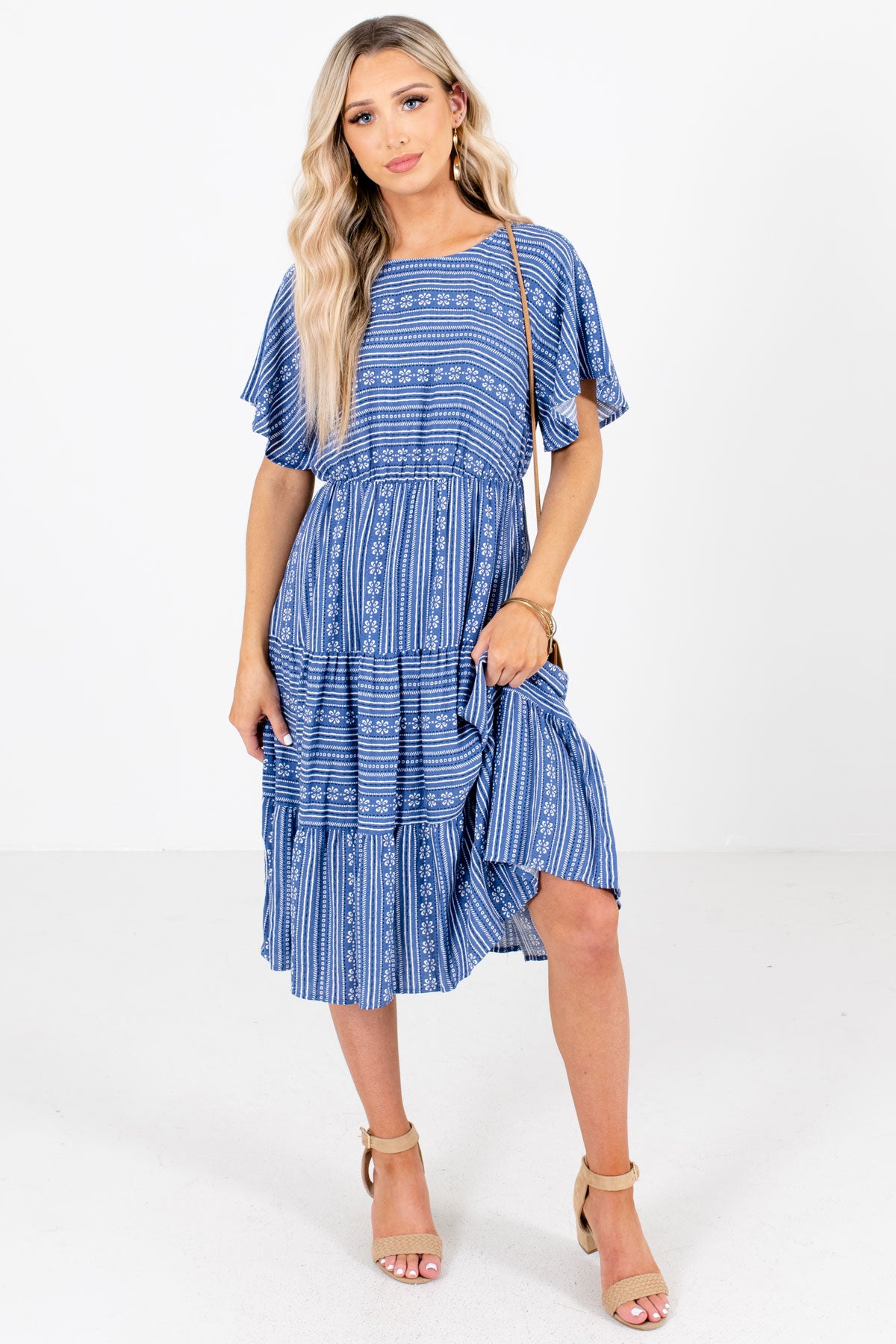 When in Greece Blue Patterned Knee-Length Dress | Boutique - Bella Ella ...