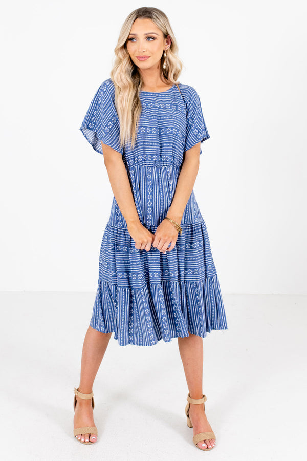 When in Greece Blue Patterned Knee-Length Dress | Boutique - Bella Ella ...