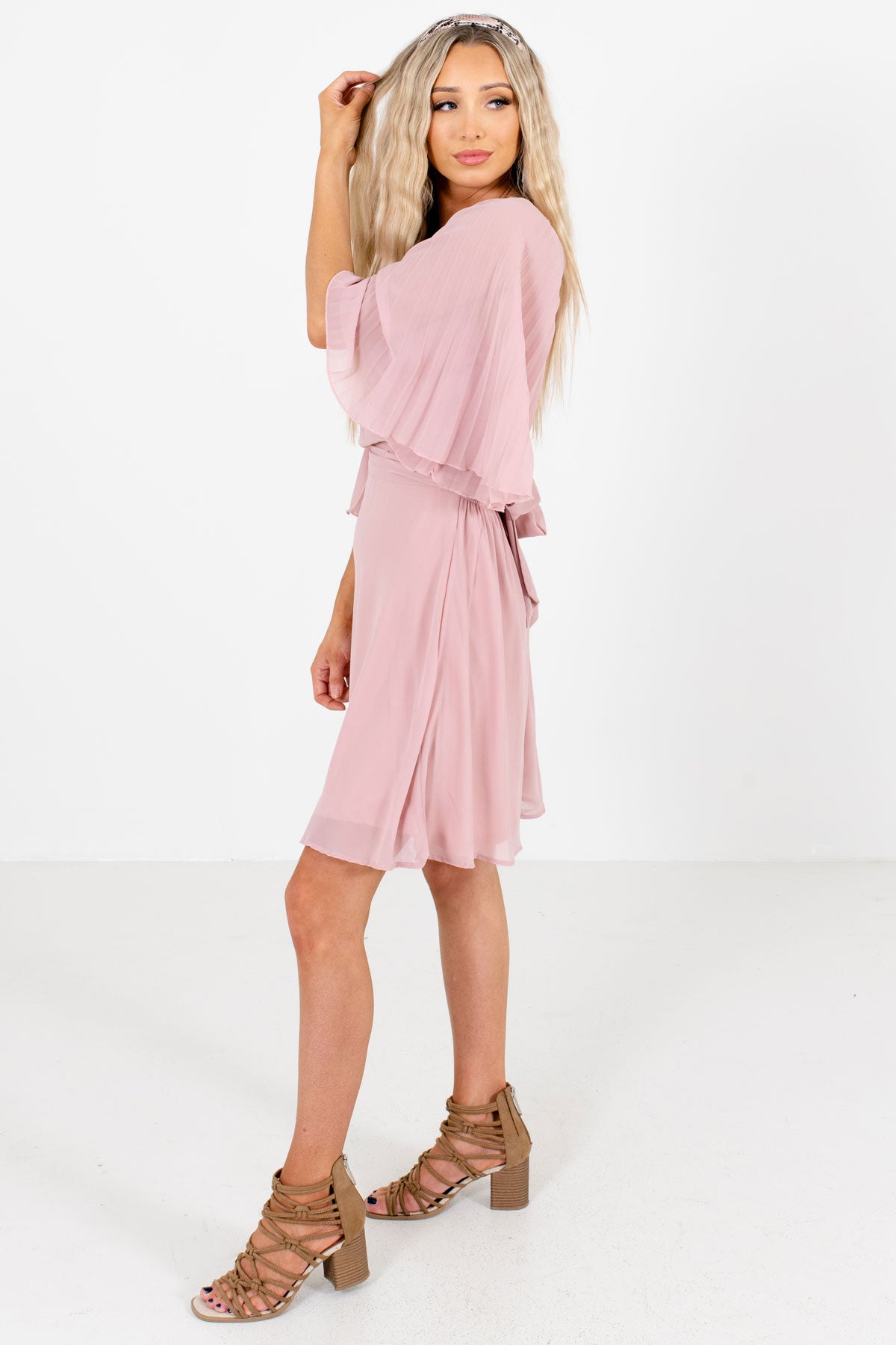 Pink Pleated Sleeve Boutique Mini Dresses for Women