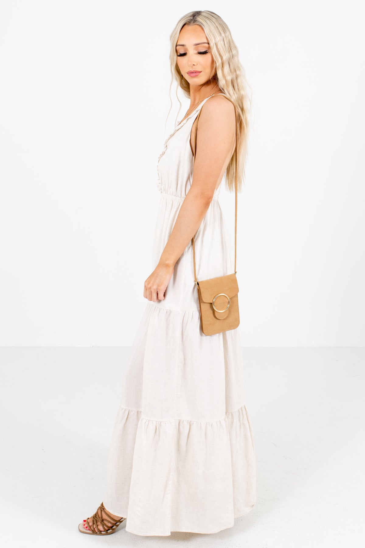 Beige Tiered Ruffle Style Boutique Maxi Dresses for Women