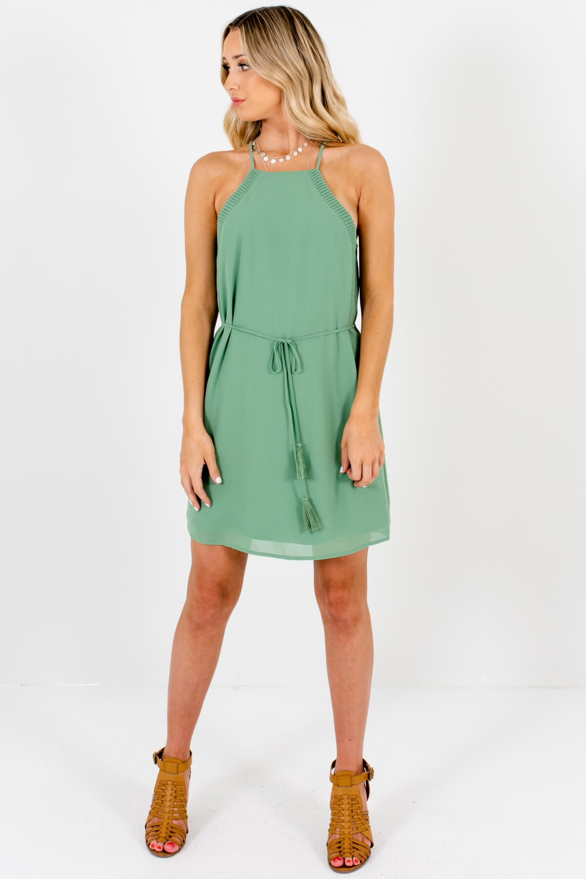 Green Pleated Halter Tassel Tie Boutique Mini Dresses for Women