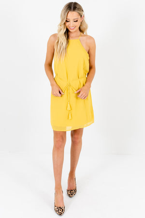 Yellow Pleated Tassel Tie Halter Mini Dresses for Women