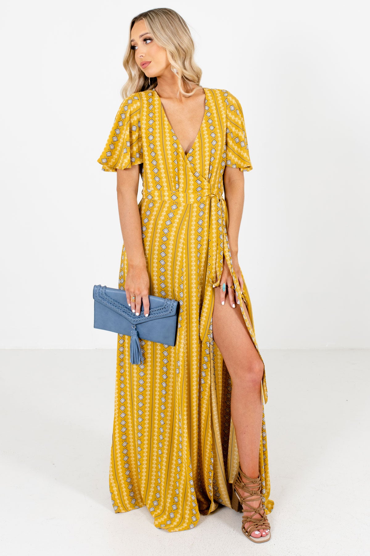 Mustard Partially Lined Boutique Maxi Dresses for Women