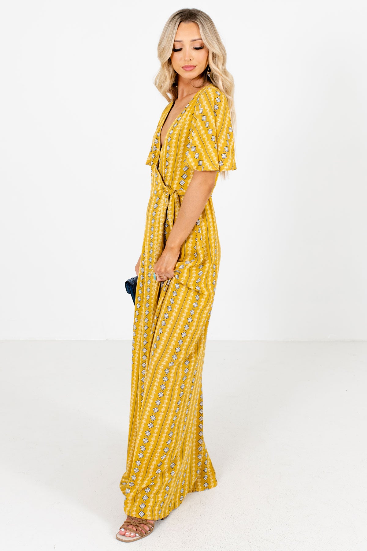 Women's Mustard Flowy Silhouette Boutique Maxi Dress