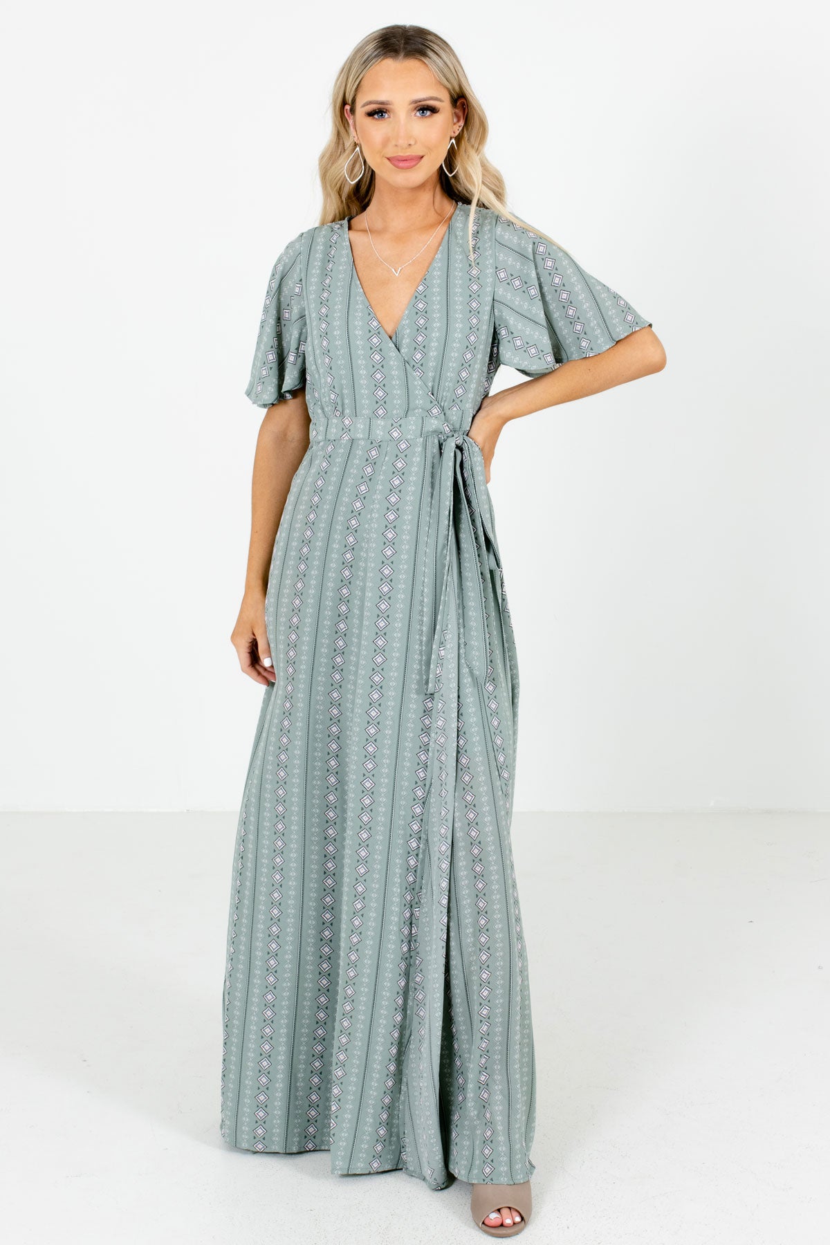 Sage Green Wrap Style Boutique Maxi Dresses for Women