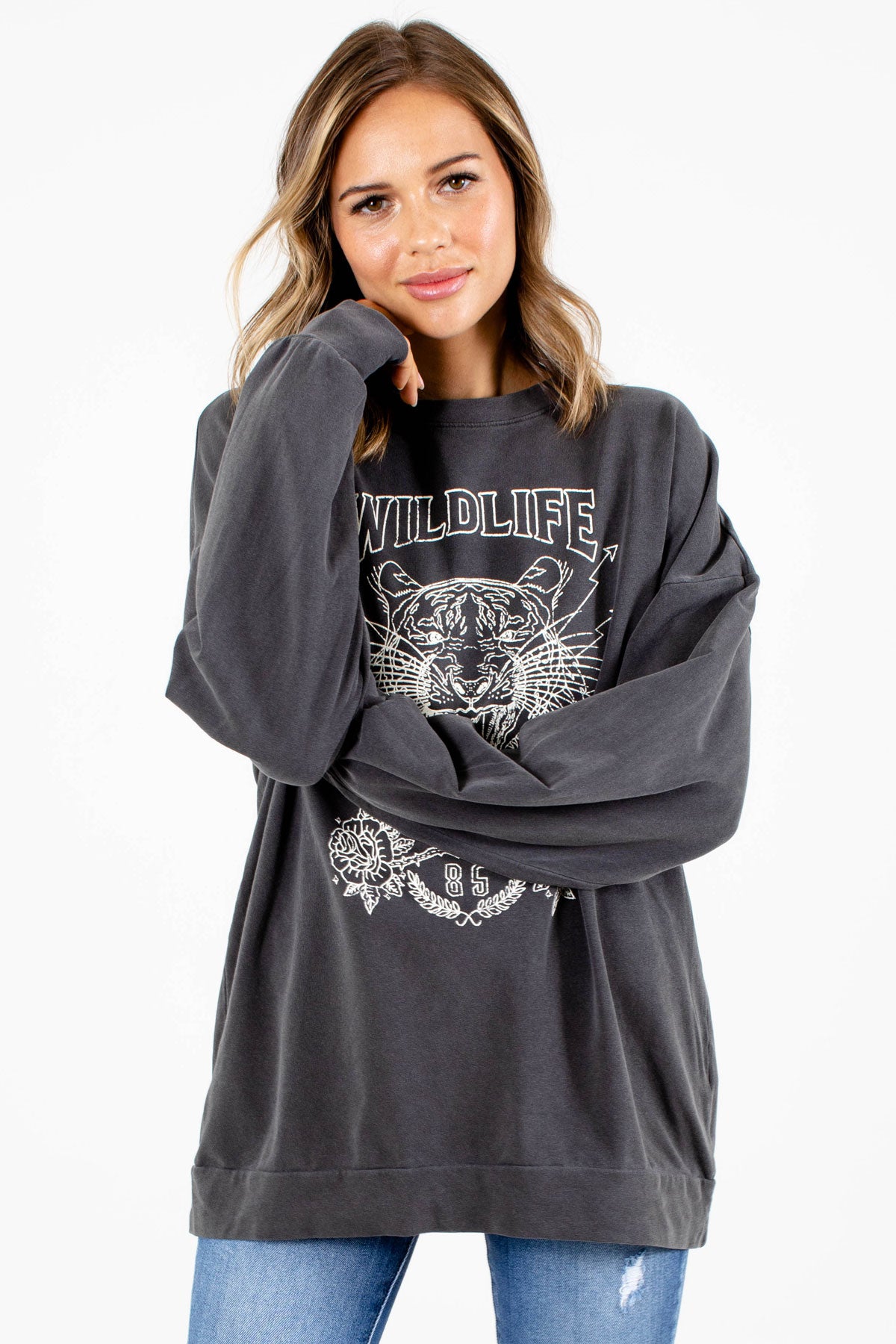 Women's Gray Tiger Graphic Boutique Graphic Tee