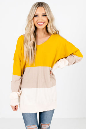 Mustard Tan and Beige Color Block Patterned Boutique Sweaters for Women
