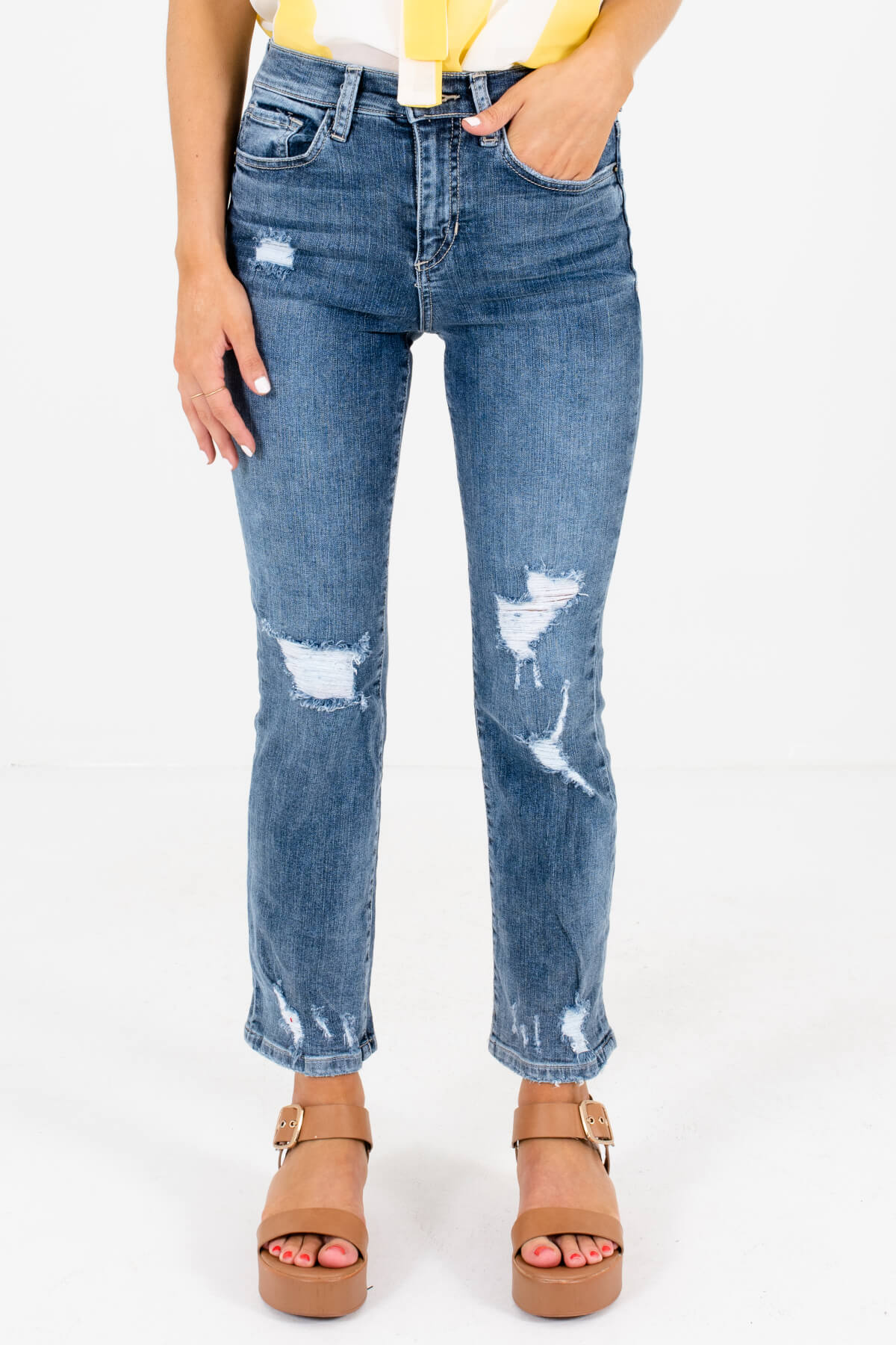 Medium Wash Blue Denim Distressed Detailing Boutique Jeans for Women