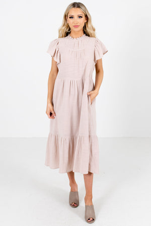 Beige Flutter Style Sleeve Boutique Midi Dresses for Women 