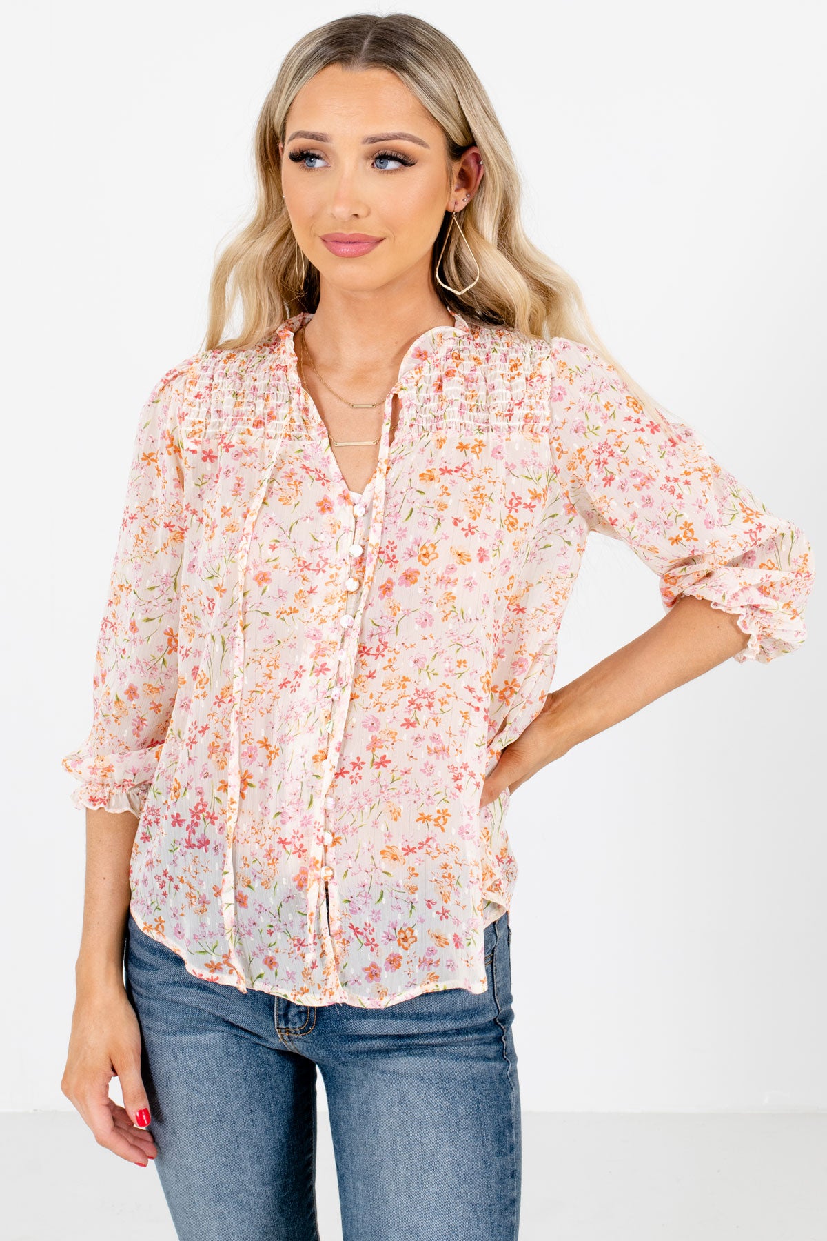 White Multicolored Floral Patterned Boutique Blouses for Women