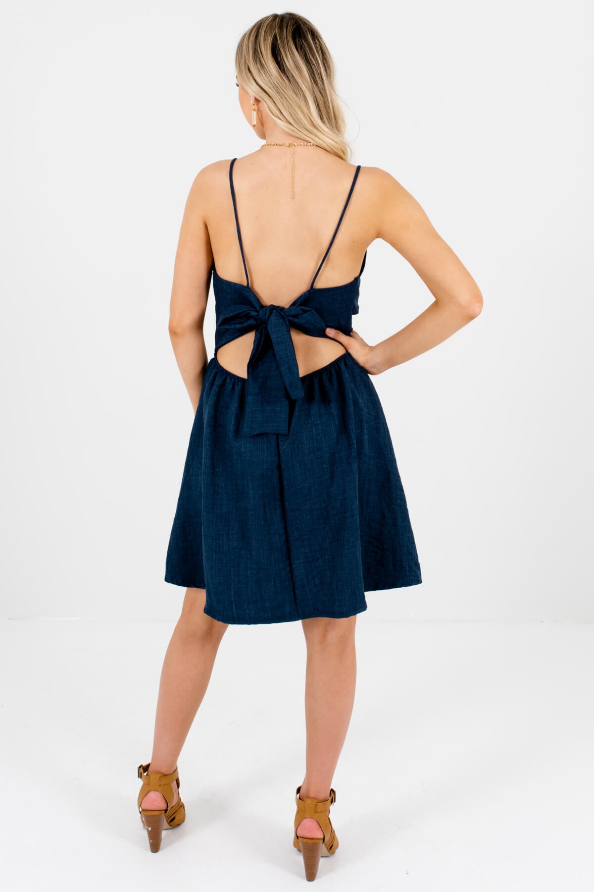 Women's Navy Blue Self-Tie Open Back Boutique Mini Dress