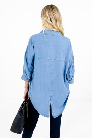 Women's Blue Chambray Button-Up Front Boutique Tops