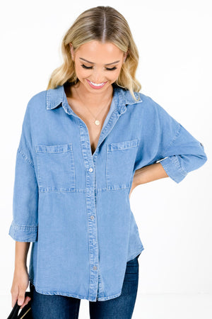 Light Wash Blue Chambray Material Boutique Tops for Women